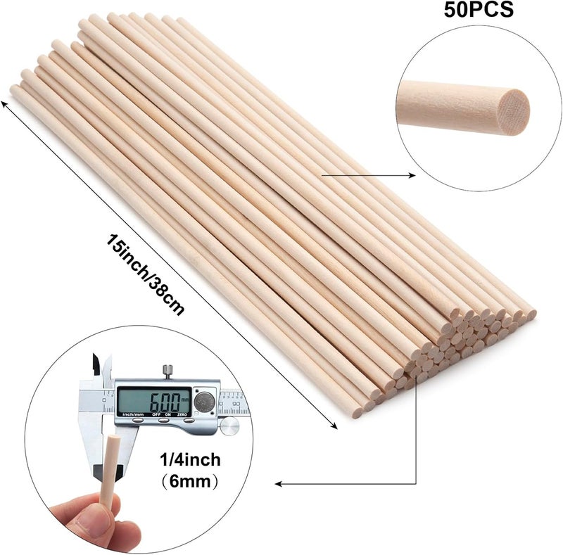 Coowayze Wood Dowel Rods Wooden Dowels for Crafts, 50 PCS 1/4 x 15 Wooden Sticks for Crafts, Round Macrame Dowels, Unfinished Small Wood Sticks for Crafting, Lollipops, Tiered Cake, Photo Booth Props - Image 2